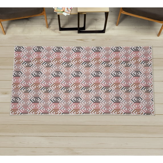 Geometric Decorative Rug, Abstract Cubes Isometric Hexagonal Shaped Pattern Colorful Retro Design Print, Quality Carpet for Bedroom Dorm and Living Room, 6 Sizes, Pale Pink, by Ambesonne