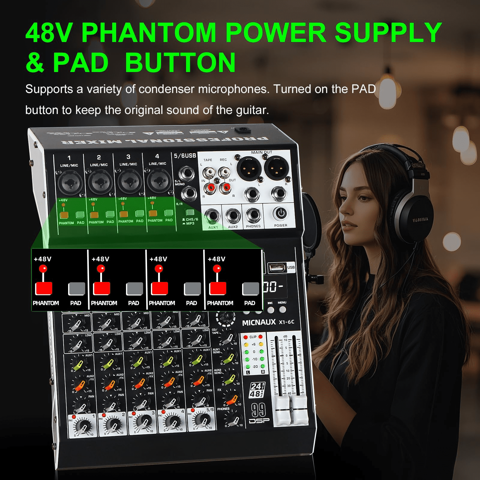 Audio Mixer 6 Channel Professional Sound Mixer Console with 99 DSP Effects, Mixing Board DJ Mixer w/USB, Bluetooth, 48V Power Supply, PAD Button for Recording Karaoke PA Drum Live Music