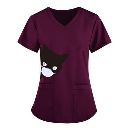 

Print Nurse Uniforms for Women Womens Medical Nursing Scrub Top Breathable Cute Patterned Short Sleeve V-Neck Shirts Tee