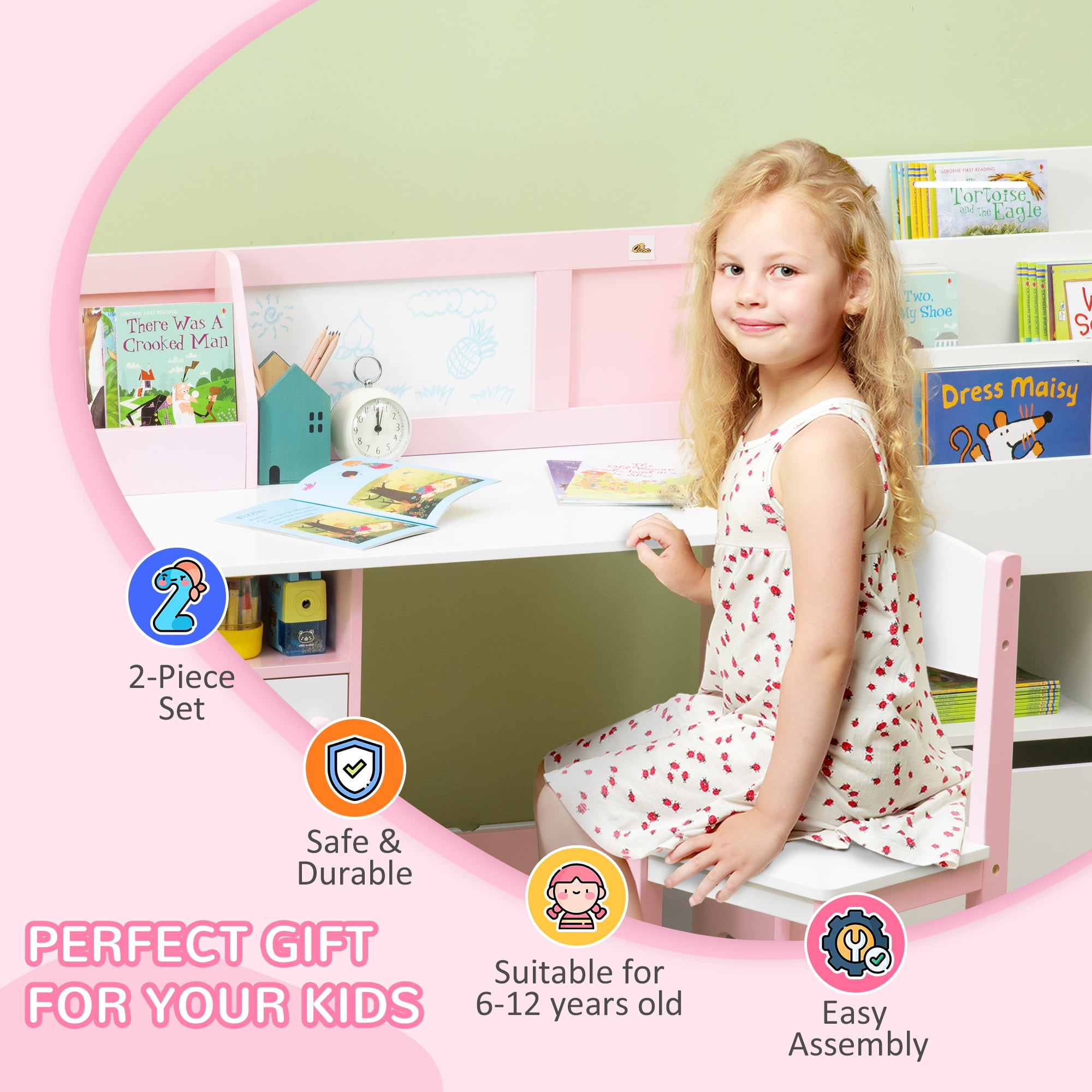 Qaba Toddler Table and Chair Set, with Whiteboard, Kids Writing Desk Homework Table, Pink