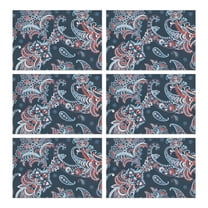 Set of 6 Durable Paisley Placemats, Flax Linen Table Mats Featuring Heat Resistant Wrinkle Free Finish with Colorful Boho Vintage Floral Mandala Patterns