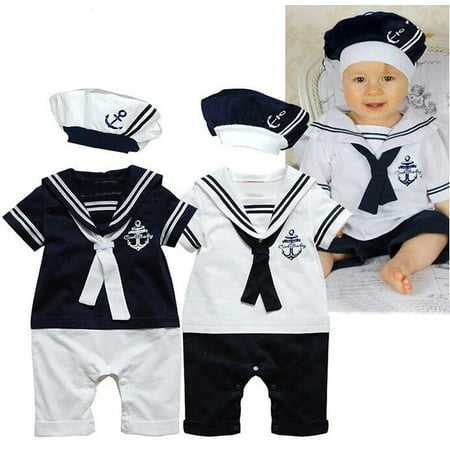 NEW Baby Boy Girl Sailor Costume Suit Grow Outfit Romper Pants Clothes+HAT 0-24M
