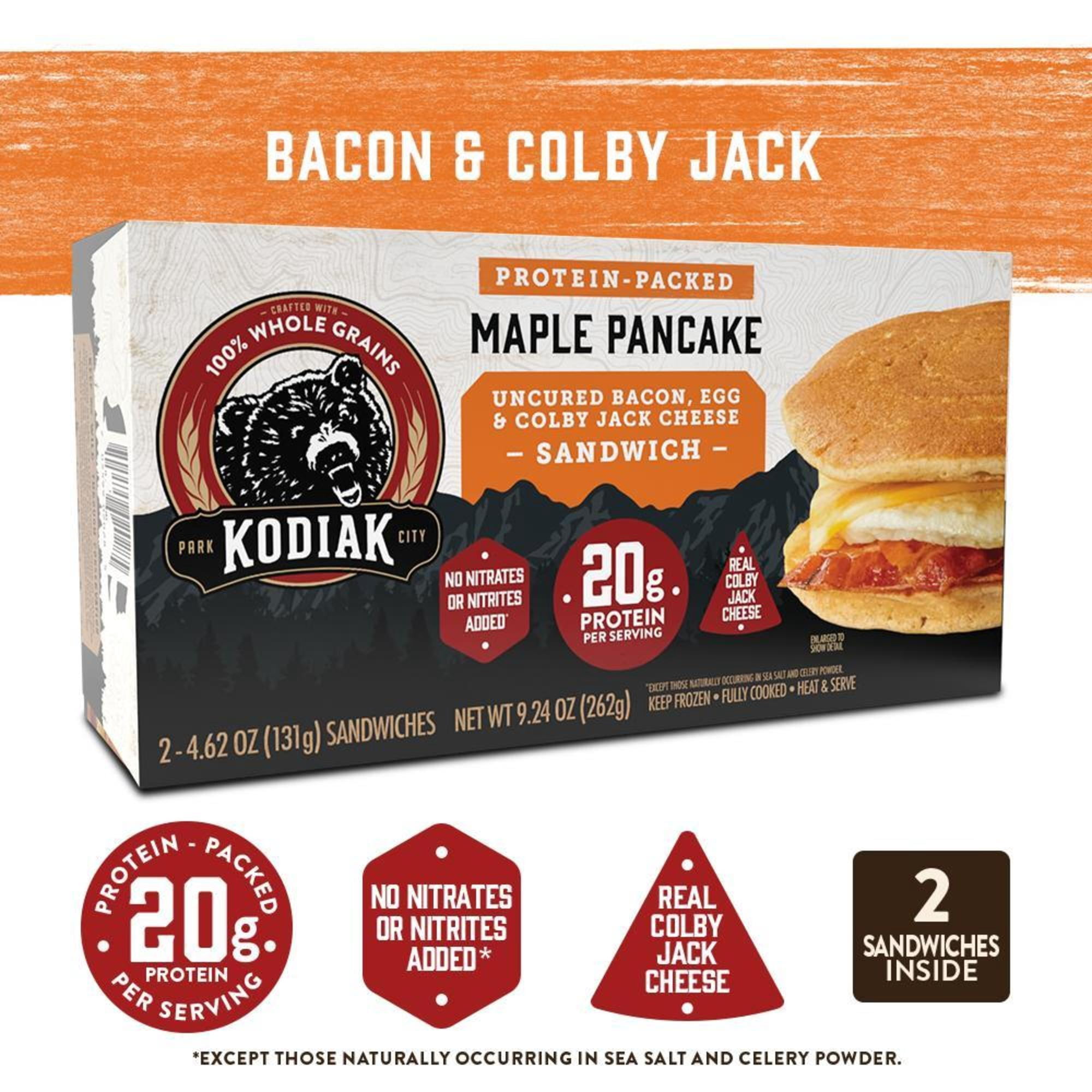 Kodiak Protein-Packed Frozen Breakfast Sandwiches, Bacon and Colby Jack, 2 Count, 9.24 oz