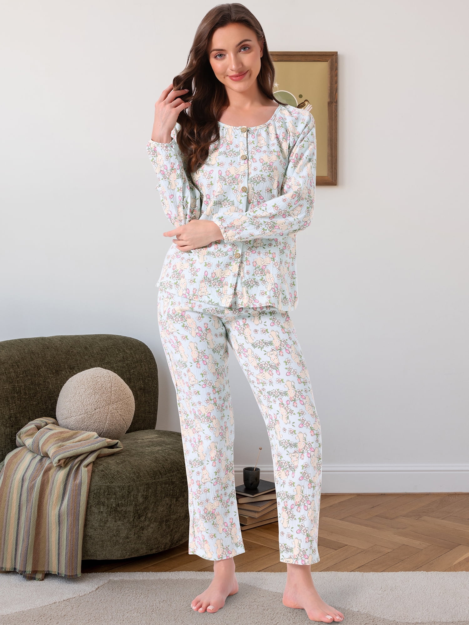DARING DIVA Pajamas Long Sleeves Cotton Button Down U Neck Set S White Floral