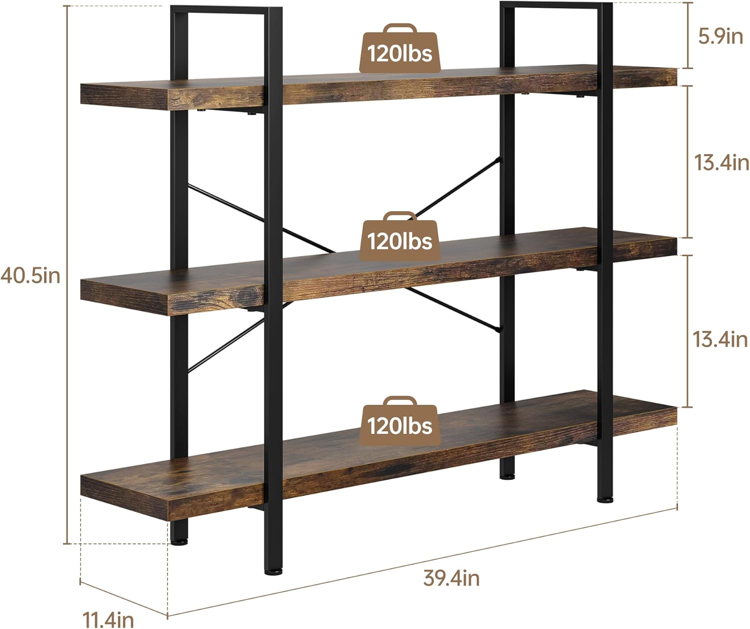 Heavy Duty 3-Tier Industrial Bookcase, 39" Wide Wood Bookshelf for Home Office, 120lbs Shelf Capacity, Rustic Open Shelving Display with Reinforced Horizontal Shelf for Living Room Bedroom