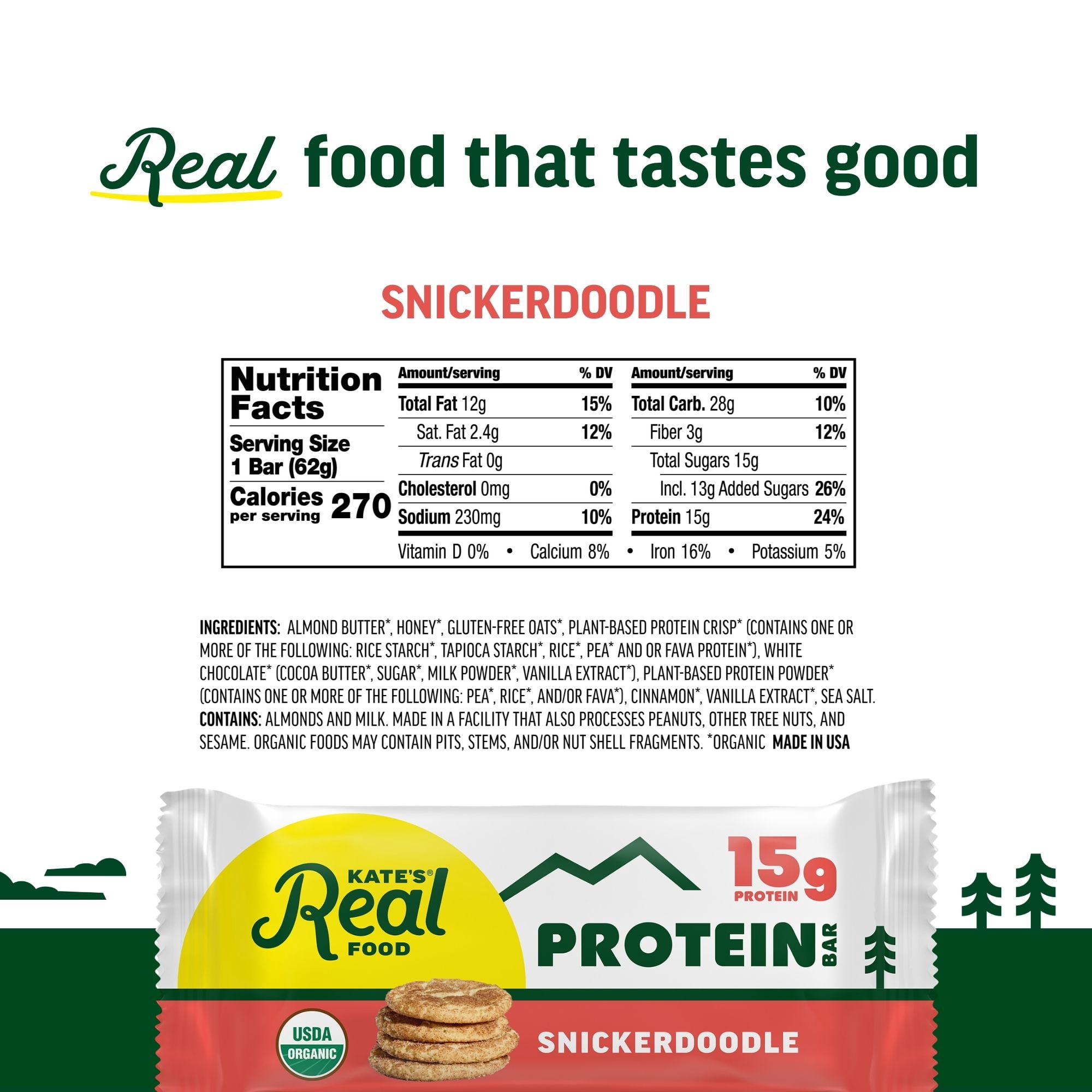 Kate’s Real Food Organic Granola Snickerdoodle All Natural Energy Bars - Non GMO, Soy Free, Whole Grain, and Made with Gluten Free Oats - 12 count