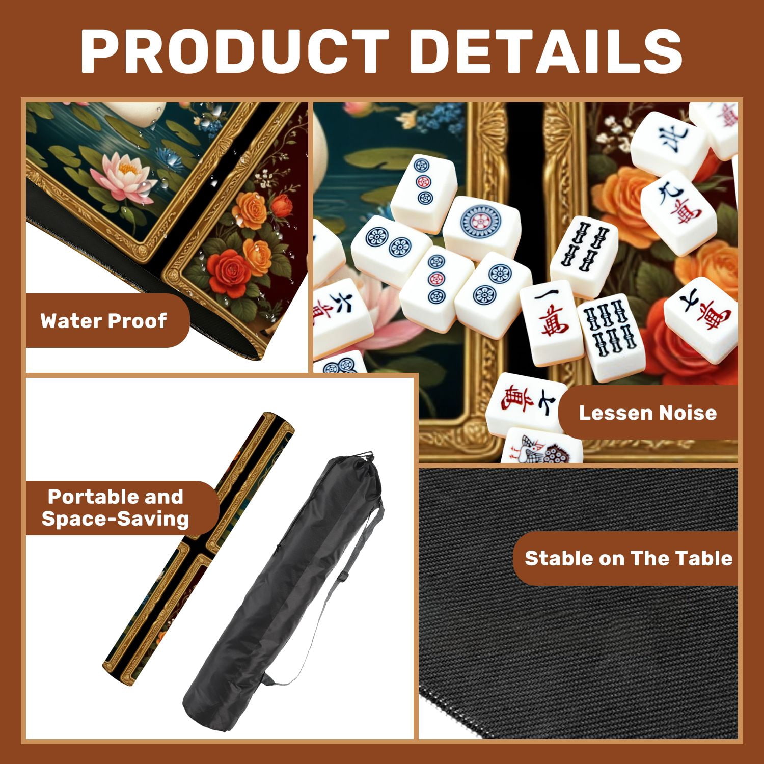 Mahjong Mat 31.5" x 31.5" Peacock Swan Deer Lotus Flowers Roses Classic Botanical Art Style Non-Slip Noise Reduction American Mahjong Tiles Table Cover for Dominoes Poker Card Board Games Gift