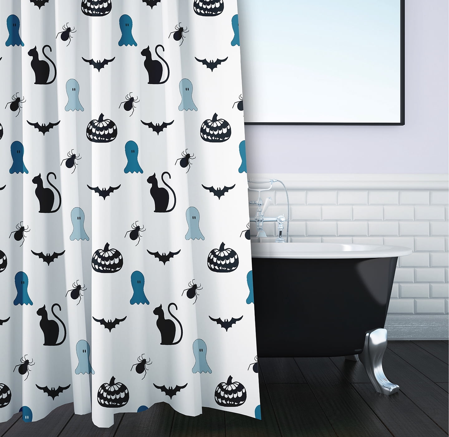 Simply Daisy 70" W x 73" L Halloween Halloween Critters Polyester Shower Curtain, Unreal Teal [1 Ct]