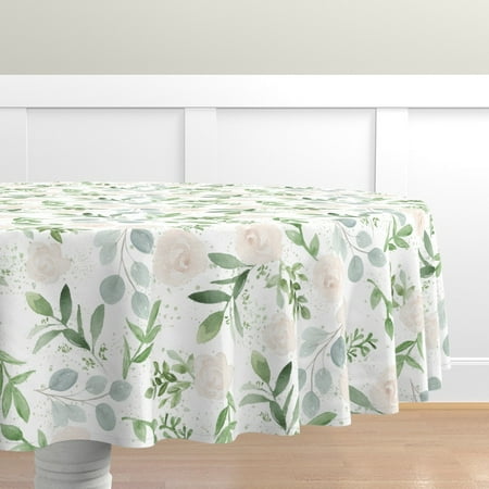 

Cotton Sateen Tablecloth 70 Round - Watercolor Flowers Soft Pink Wedding Eucalyptus White Roses Gardening Floral Botanical Garden Print Custom Table Linens by Spoonflower