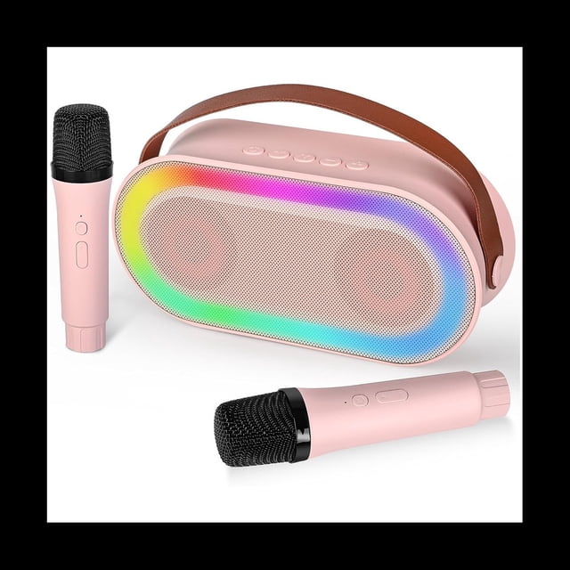 Mini MáQuina de Karaoke, Juego de Altavoces Bluetooth PortáTil con 2 MicróFonos InaláMbricos con Luces LED (Rosa)