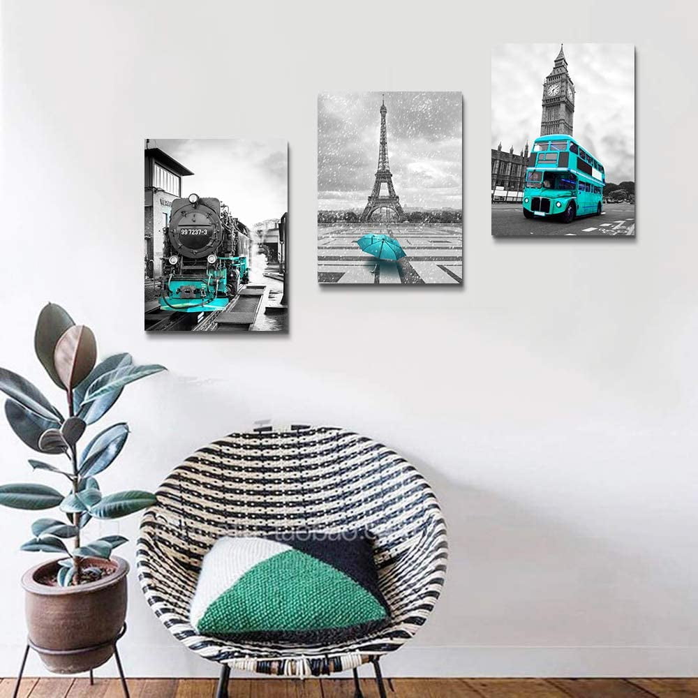 blue car umbrella Eiffel Tower Wall Decor for Bedroom Black and White Canvas Prints Pictures bathroom Canvas Wall Art Painting Giclee Europe Buildings Picture Wall Decoration for Living Room