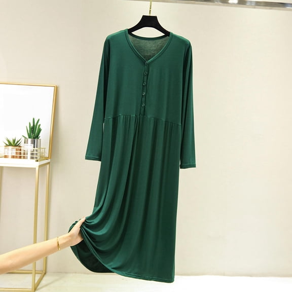 Soft Long Sleeve Nightgown Womens V Neck Button Front Pleated Maxi Sleep Dress Comfortable Loungewear Green One Size