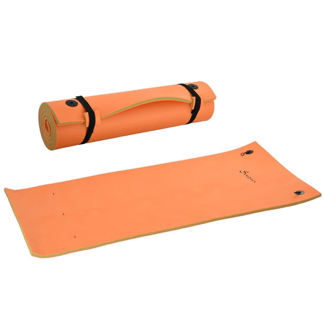 Orange Soozier floating roll-up water mat float pad for lake, pool, beach, sea or ocean use shown both rolled up with black straps and fully unrolled.