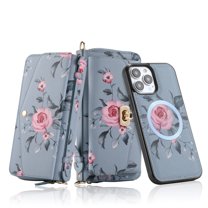 for iPhone 13 Pro Max Wallet Case - Magnetic Detachable Back Case with RFID Blocking Card Holder, Hand Strap & Crossbody Strap, Floral Flower PU Leather Flip Cover Case for Women Girls, Gray