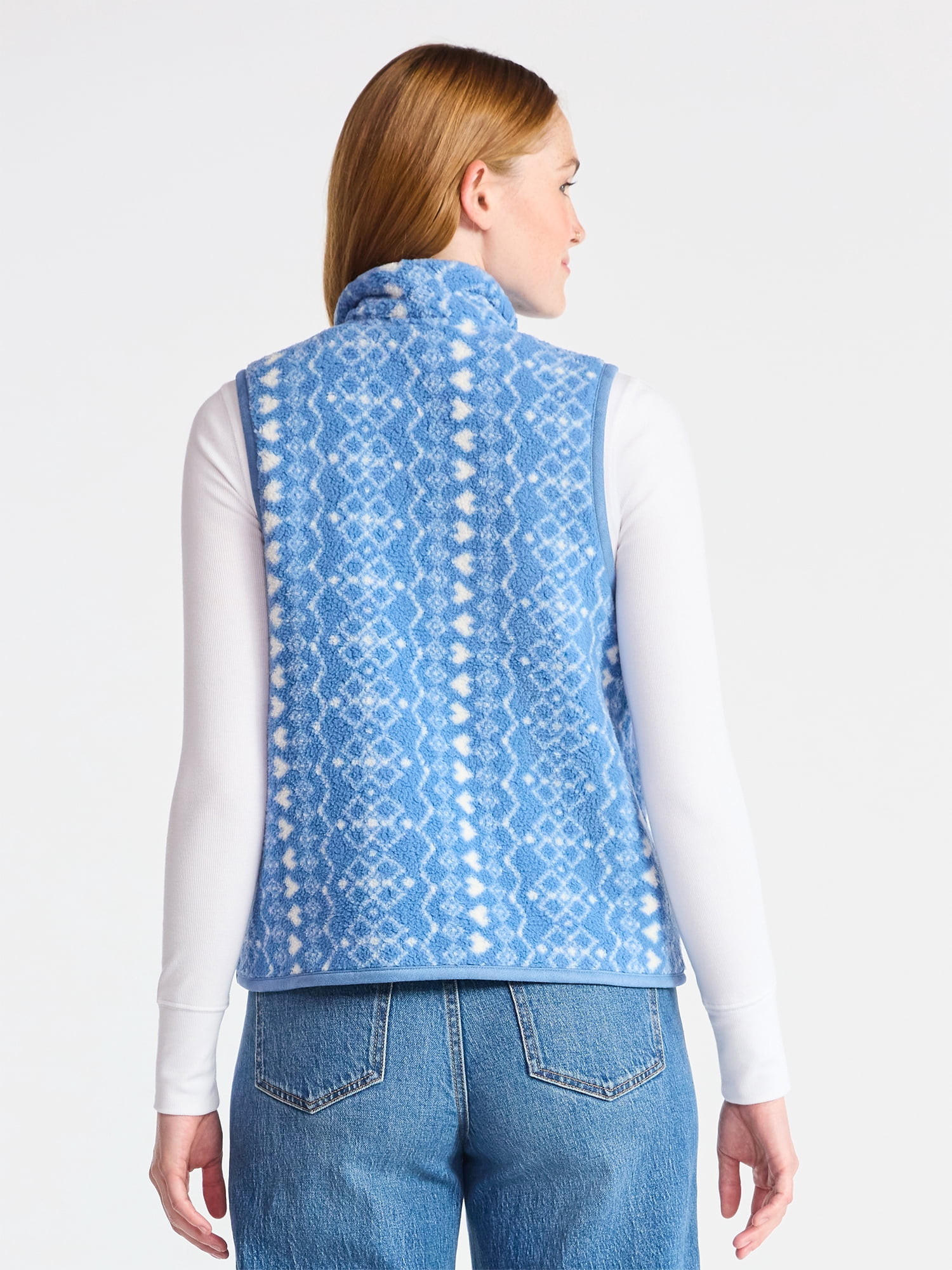 Time and Tru Women's Print Plush Fleece Zip Vest, Lightweight, Sizes XS-XXXL