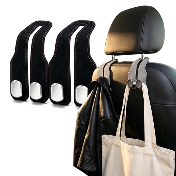 Car Hanging Accessories – Double Leather Headrest Hooks for Car, Car Seat Hooks for Headrest, Heavy Duty Purse Holder for Car, Seat Back Organizer for Purses, Bags & Coats