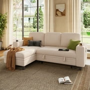 LINSY HOME L Shaped Sectional Couches for Living Room, Sleeper Sofa Bed with Reversible Storage Chaise, Pull Out Couch Bed with USB, Cup Holder, Beige