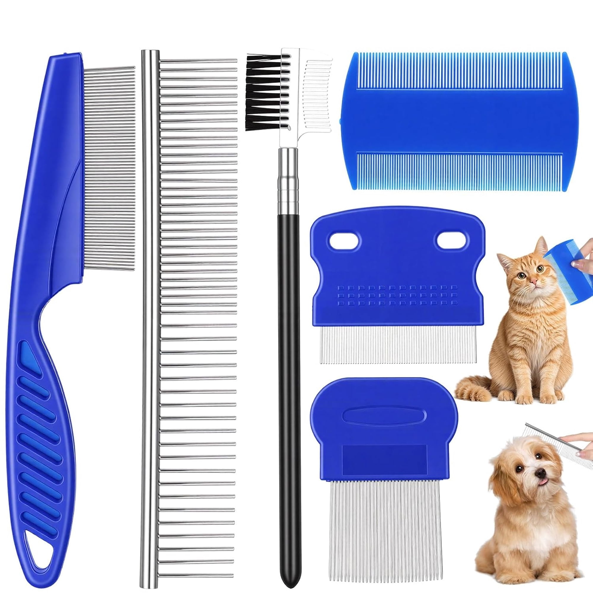 ACDANC 6 Pack Flea Comb,Double-Sided Tear Stain Remover,Fine&Wide Tooth Comb for Fleas,Lice Eggs,Stainless Steel Dog Cat Grooming Combs with Rounded Teeth for All Types of Pets