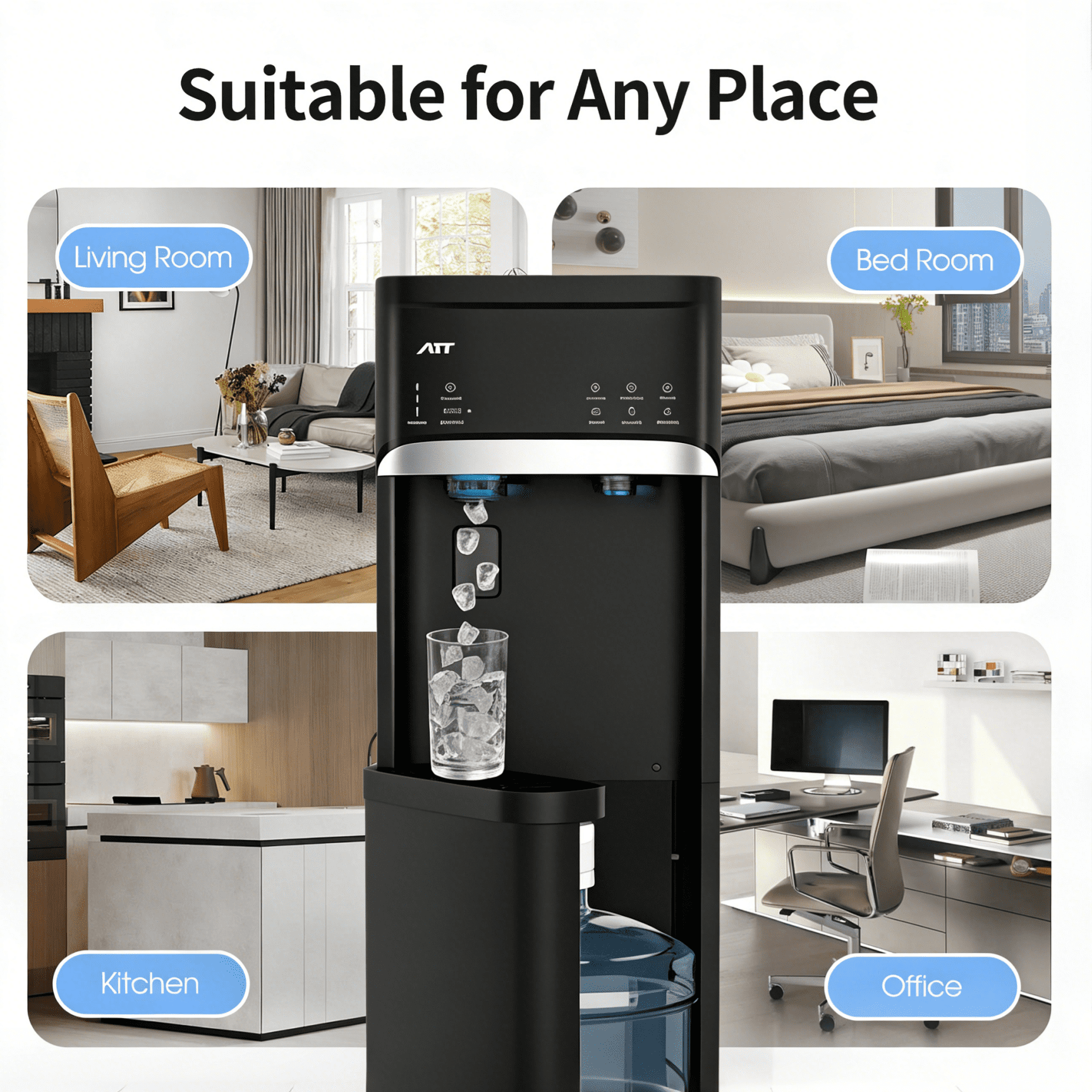 IKT Bottom Loading Water Dispenser with Ice Maker,for 5 Gallon,3 Temperature,22lbs Within 24hrs,Child safety lock,Empty Bottle Indicator, Black