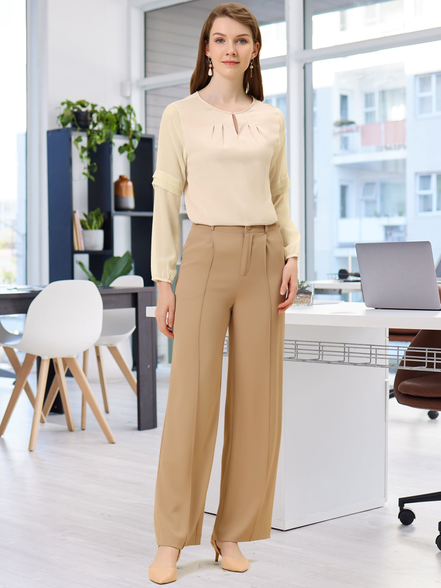 DARING DIVA Chiffon Semi Sheer Long Sleeves Keyhole Neck Blouse XL Apricot