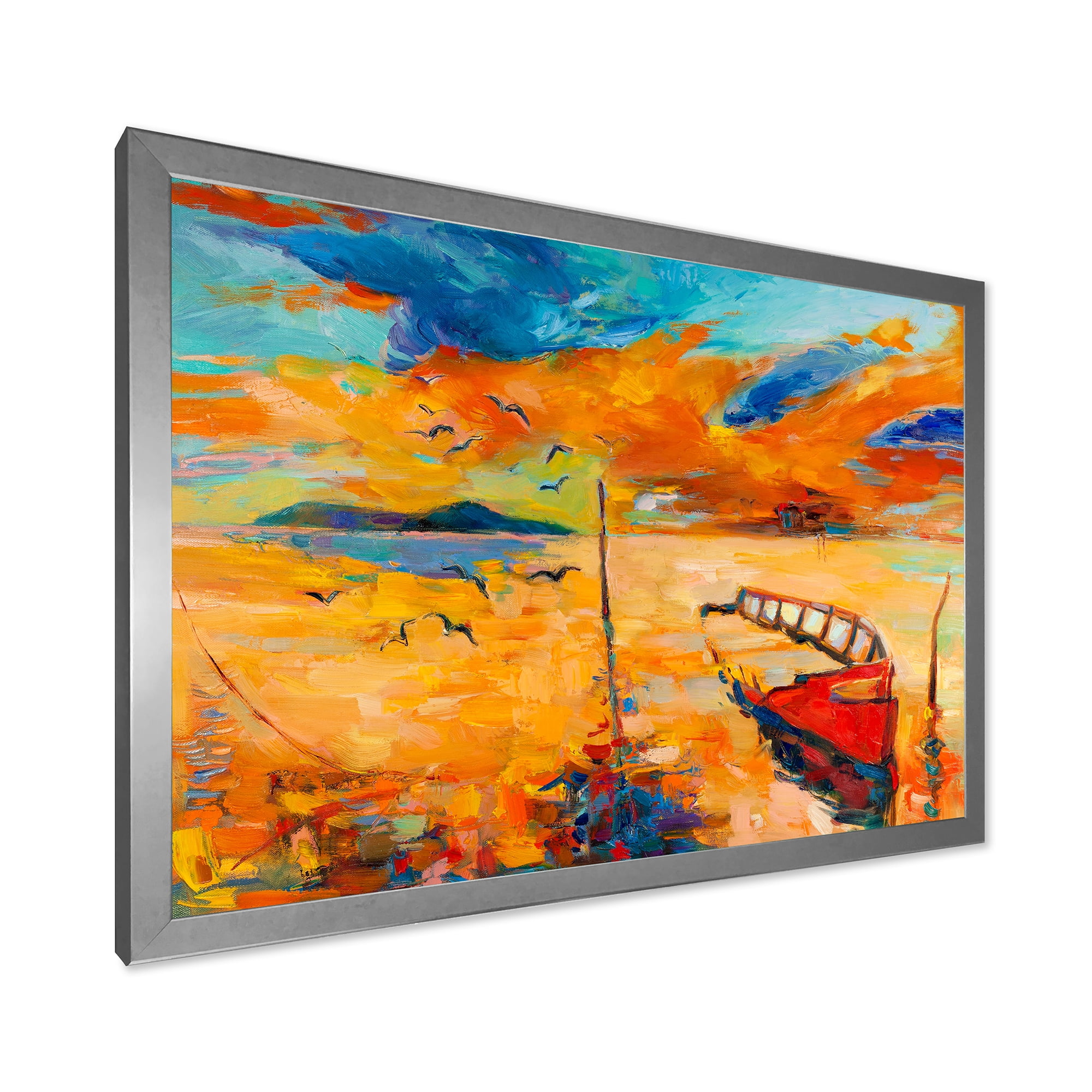Boat At The Lake During Evening Glow VIII 32 in x 24 in Framed Painting Canvas Art Print, by Designart