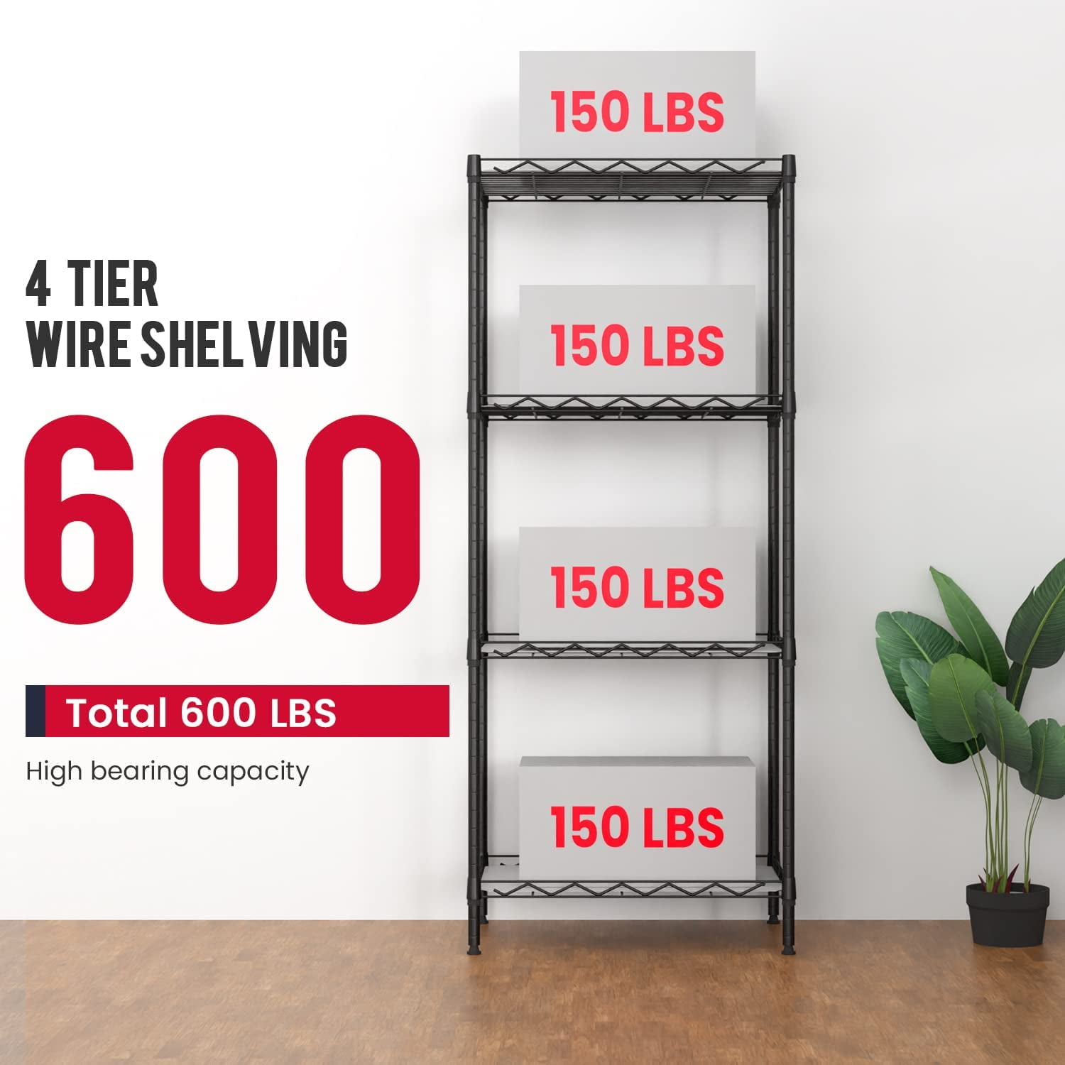 BestOffice 4 Tier Layer Storage Shelves Wire Metal Shelf for Laundry Bathroom Kitchen Garage(18L x 12W x 44H),Black
