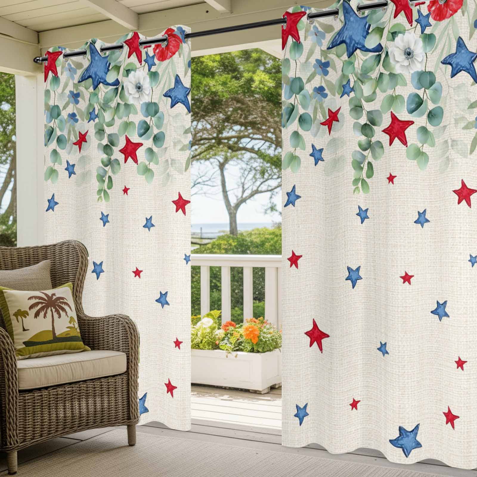 Independence Day Star Outdoor Curtains for Patio, Country Farmhouse Red Blue Star Leaf Flower Linen Sunshade Privacy Drapes Grommet Waterproof Outside Curtains for Porch Balcony 54"x95", 2 Panel