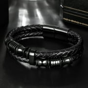 Jewmon Double Row Braided Leather Bracelet Stainless Steel Mens Bracelet Wrist Cuff Bangle Gift Box