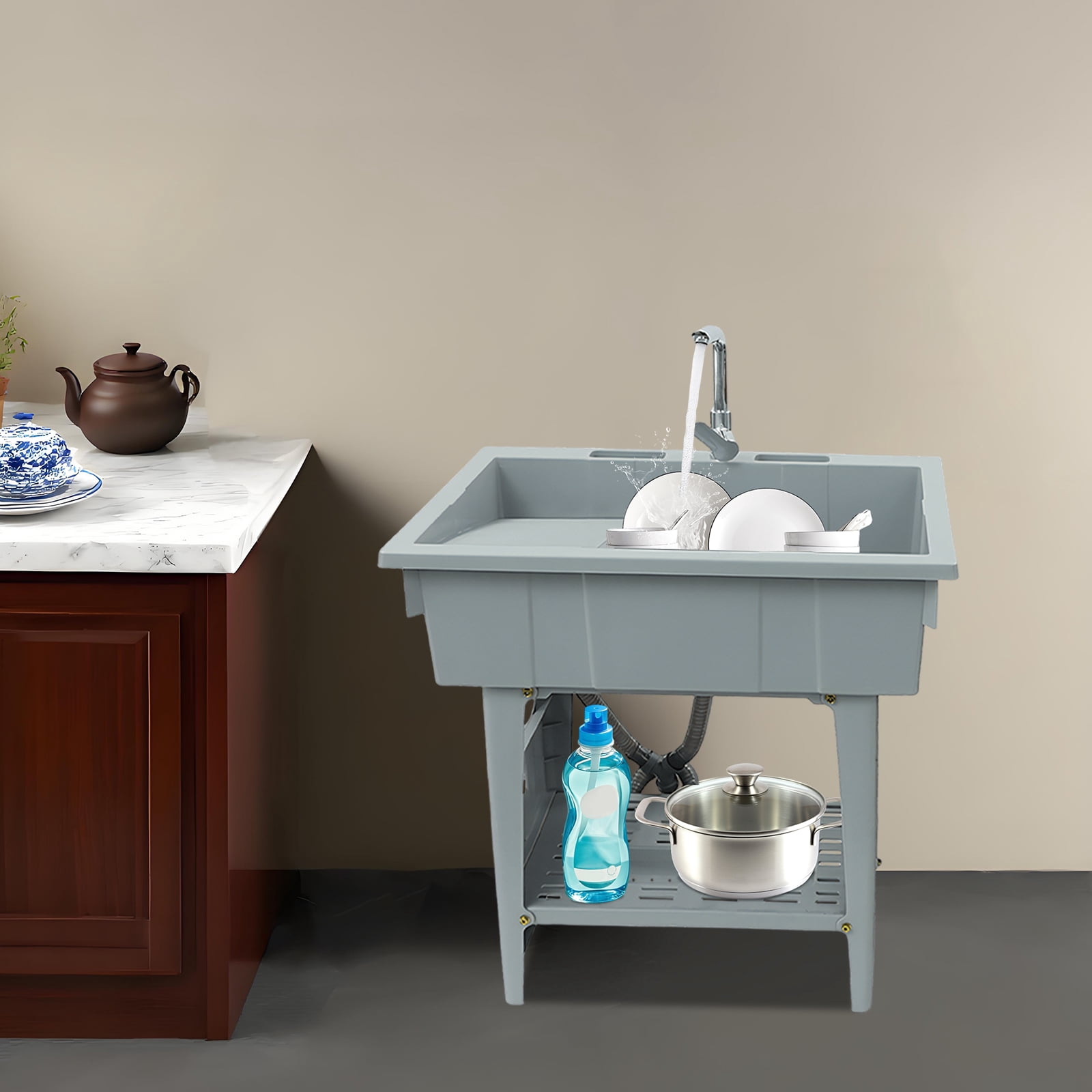 Laundry Sink 31.5x22x31.9in Grey Freestanding Utility Sink with 28.4x17.7x9.4in Basin & Storage Shelf