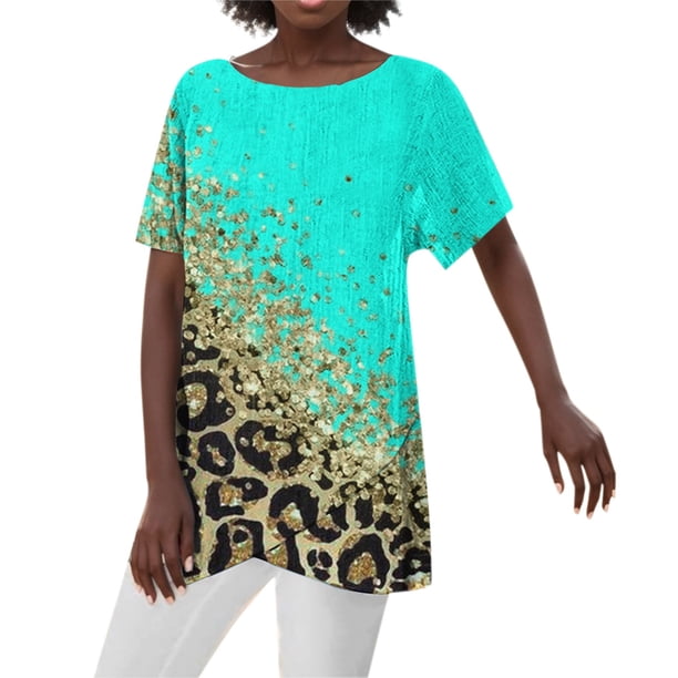 Gibobby Playera de Verano para Mujer Camiseta manga corta con cuello redondo y estampado bloque color cómoda informal verano para mujer(Azul,G)