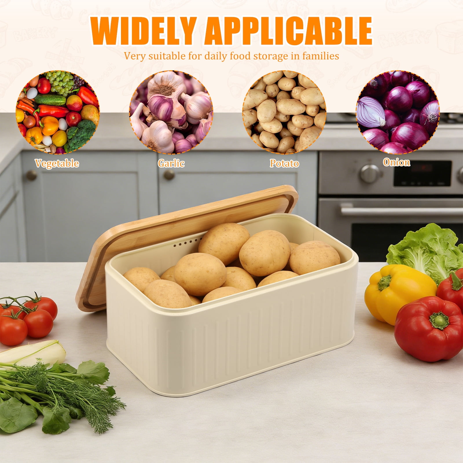 Metal Bread Box for Kitchen Countertop, Bread Storage Container with Bamboo Cutting Board Lid for Homemade Bread, 12" x 7.2"