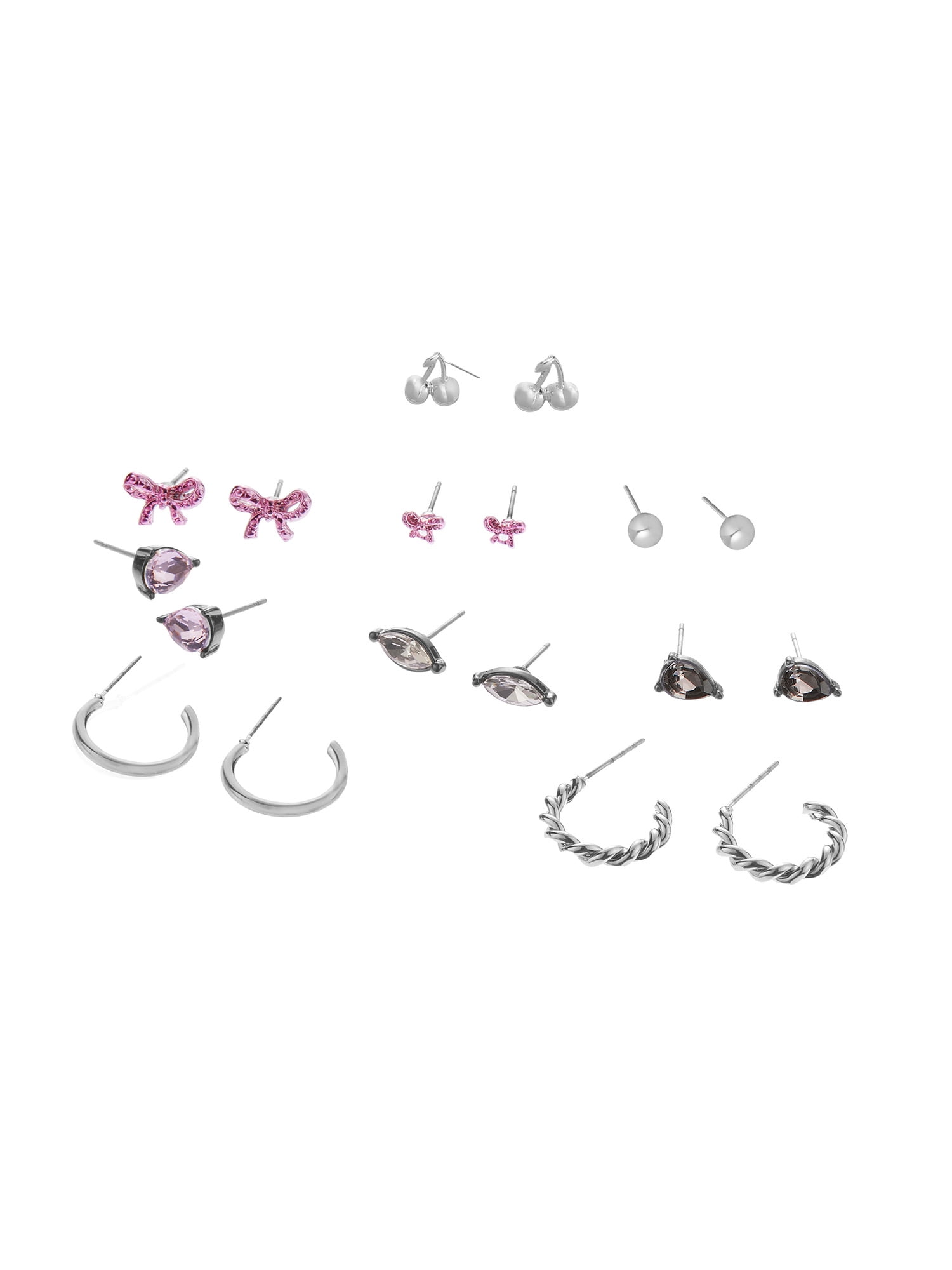 Madden NYC Women's Fashion Rhodium Romantic Bow & Cherry Earring 9-Piece Set