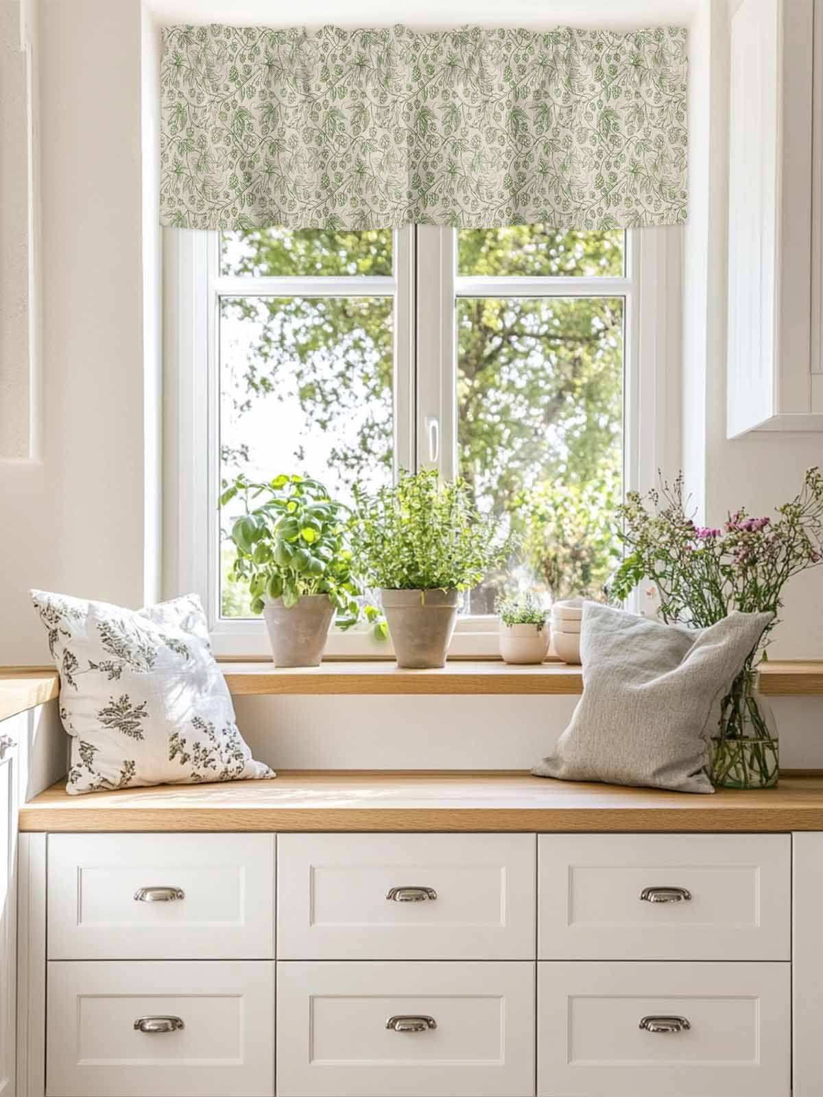 Kitchen Valances for Window, Vintage Sage Green Botanical Light Filtering Rod Pocket Valance Curtain, Ombre Leaves Retro Linen Short Curtains Window Topper for Bedroom Bathroom Living Room 54x18in