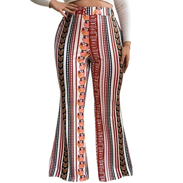 Sexy Dance Women Bell Bottom Plus Size Flare Pant High Waist Palazzo Pants  Color Block Trousers Striped Leggings Red XL 