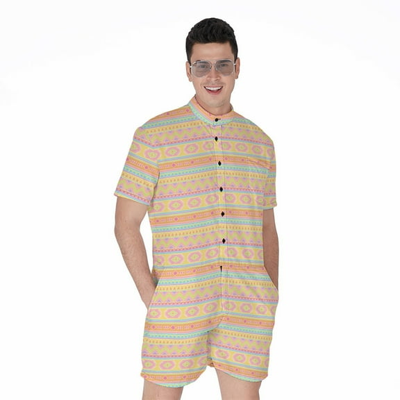 Pastel Aztec Tribal Pattern Short Sleeve Men'S Rompers Casual Summer Jumpsuits Outfit