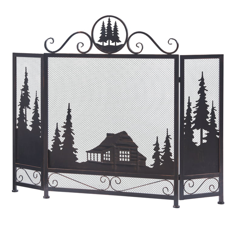 Vanity Art Three Panel Foldable Iron Fireplace Screen with Door