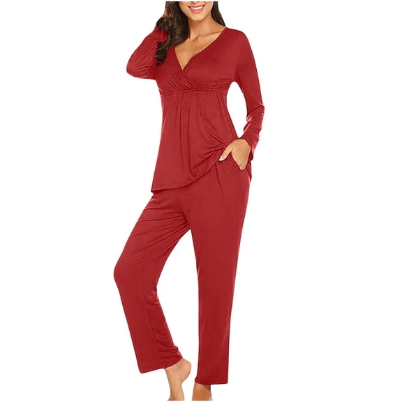 HAiming Women's Maternity Nursing 2 Piece Sets Long Sleeve V Neck Breastfeeding T-Shirt Solid Color Casual Outfit