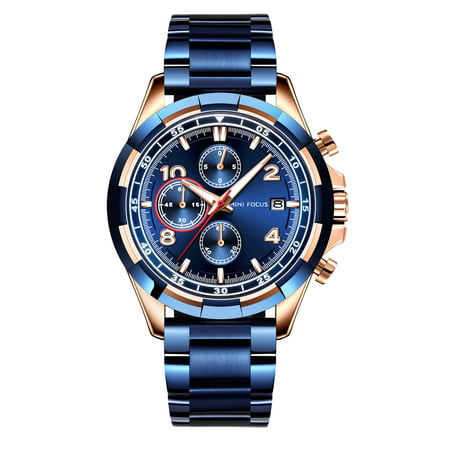 Mens Quartz Watch Blue Face Solid Steel Belt 3 Multifution Dial Calendar for Friends Lovers Best Holiday Gift Casual