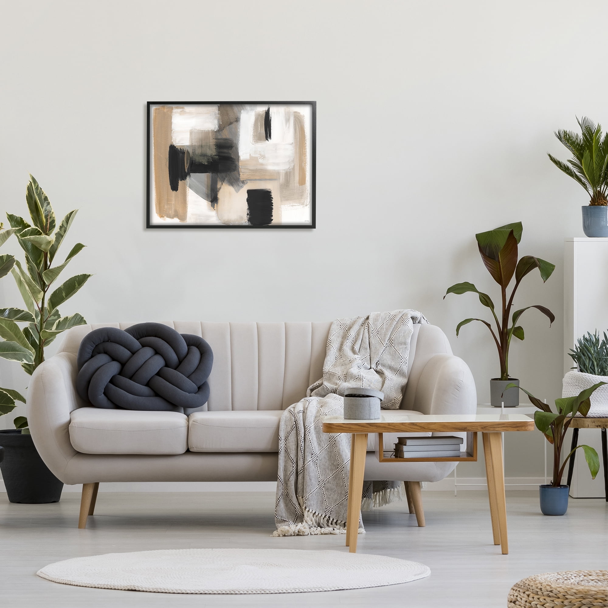 Stupell Industries Tan & Black Collage Abstract Painting Black Framed Art Print Wall Art, 30 x 24