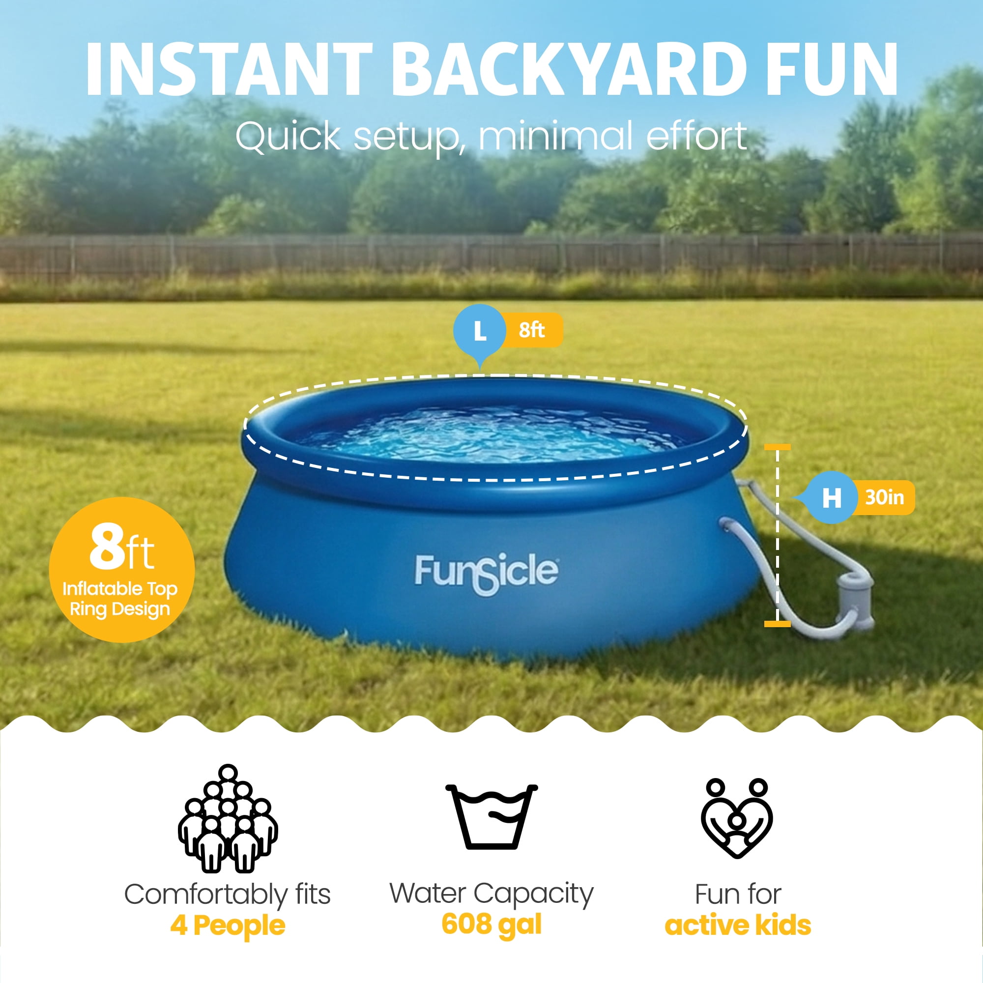 Funsicle 8 ft QuickSet Above Ground Swimming Pool, Round, Age 6 & up