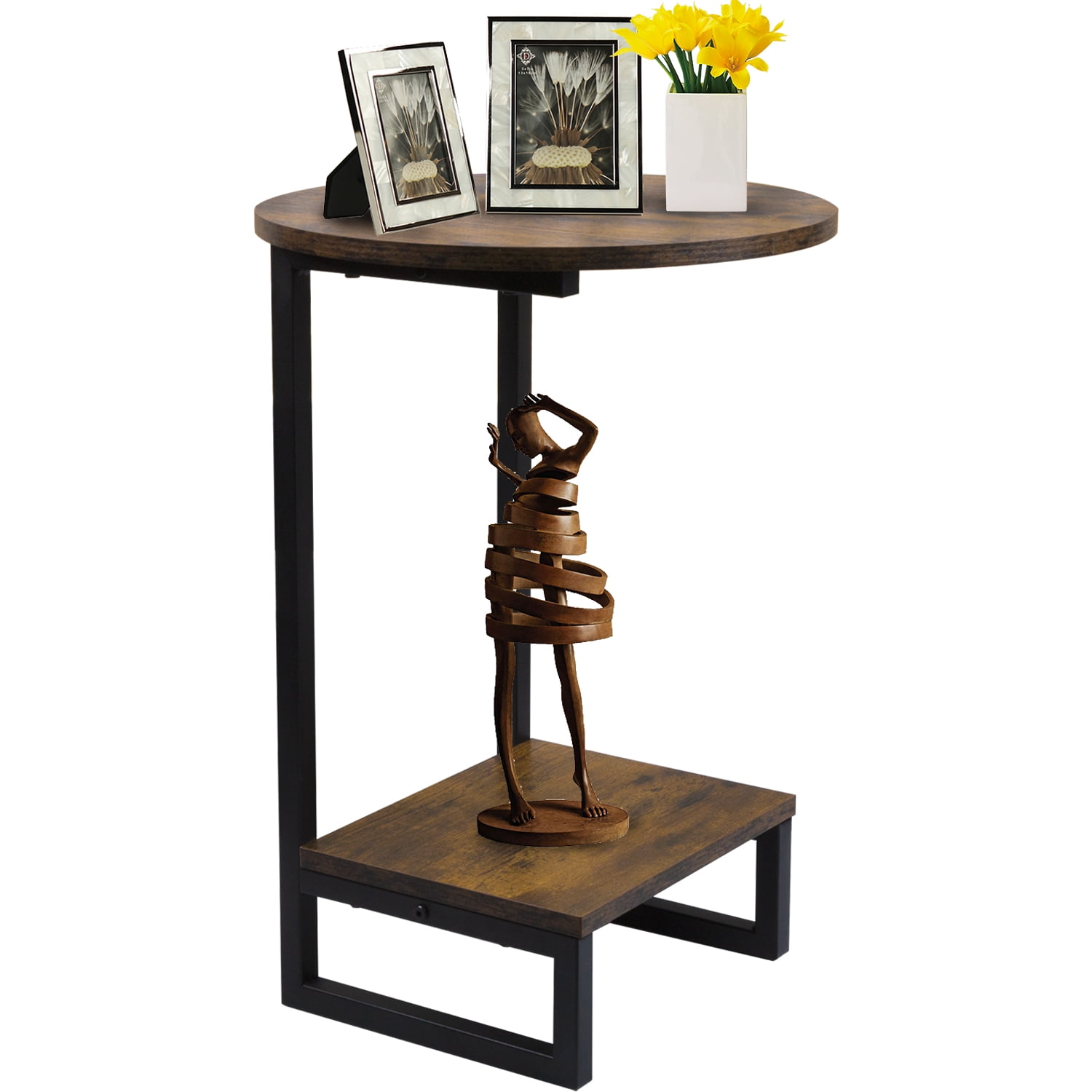 Small C Shaped 2 Tier End Table,Couch Side Tables Slide Under Sofa Bed