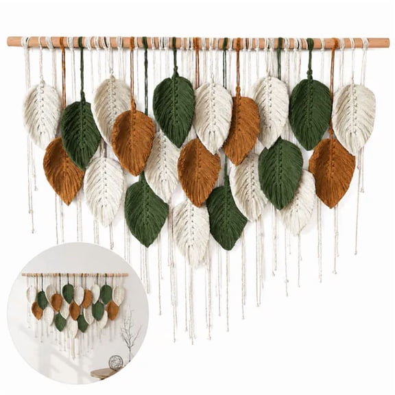 Hand Woven Leaf Macrame Wall Hanging, Boho Wall Decor Tapestry with Wooden Rod Long Tassels, No Drill Wall Art for Living Room Bedroom Nursery Apartment Backdrop