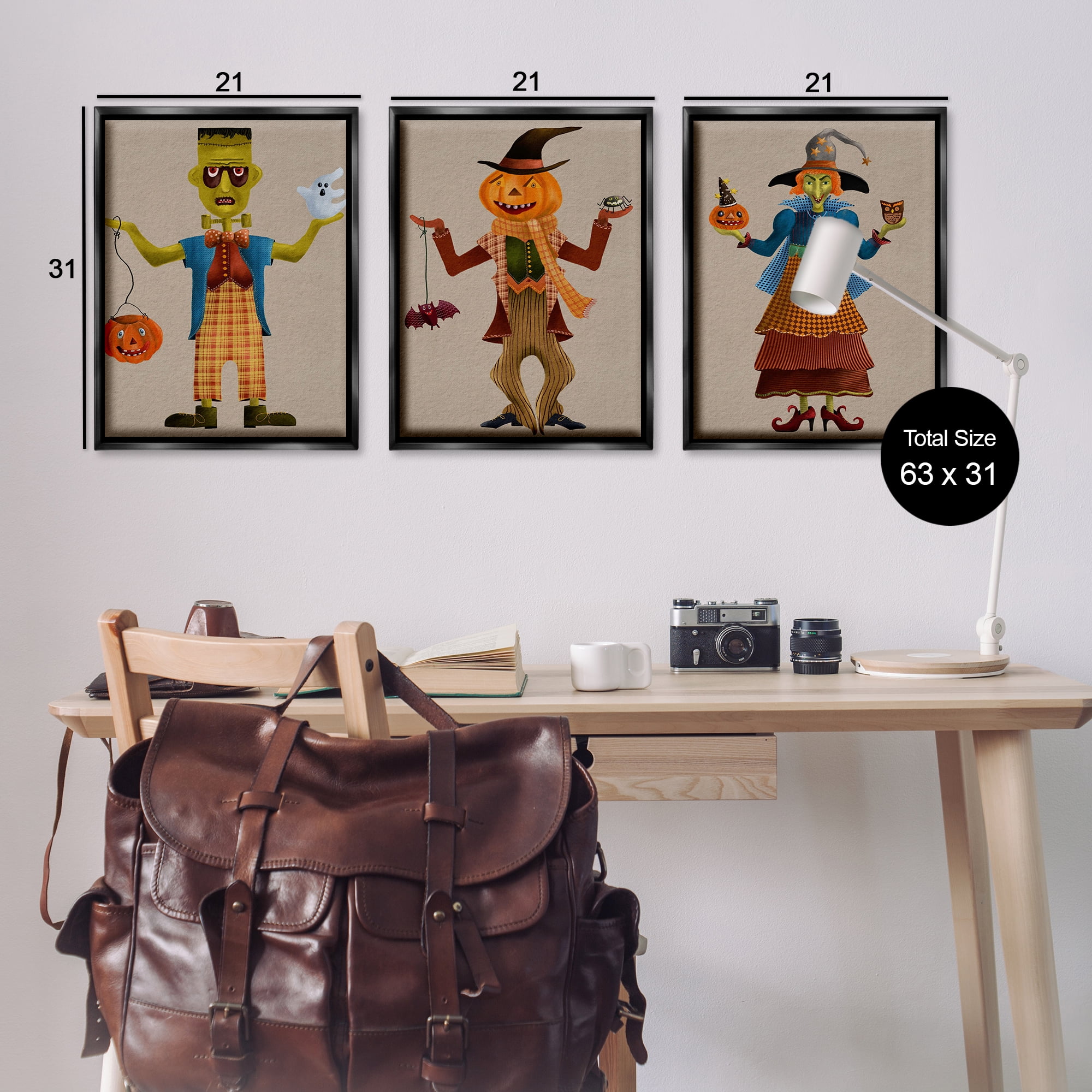 Stupell Industries Fun Halloween Friends Holiday Painting Black Floater Framed Canvas Art Print Wall Art, 21 x 31, Set of 3