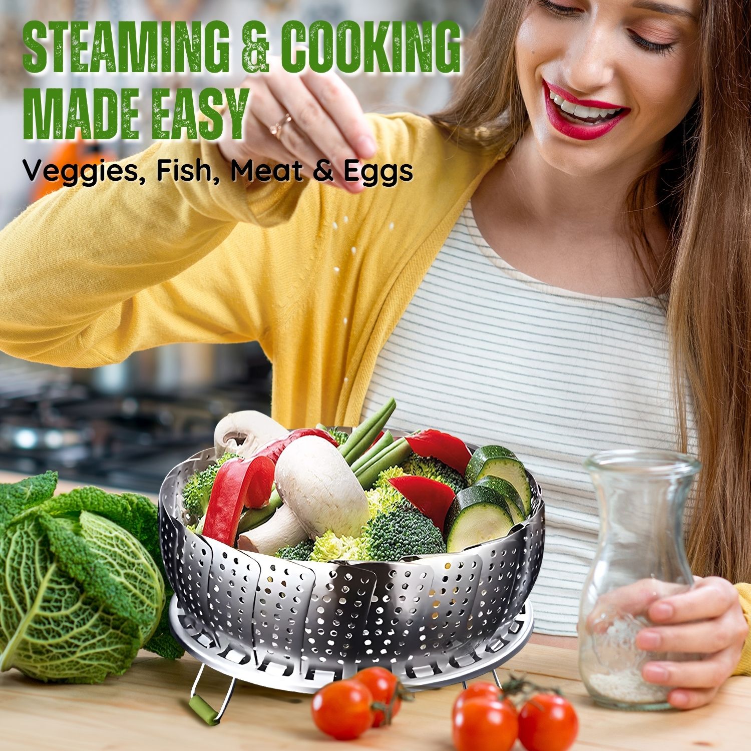 Stainless Steel Vegetable Steamer Basket with Extendable Handle - Expandable Collapsible Foldable Cooking Insert Fit Instant Pot 3 6 8 Qt Pressure Cooker for Steam Food 7-11 Inch Adjustable