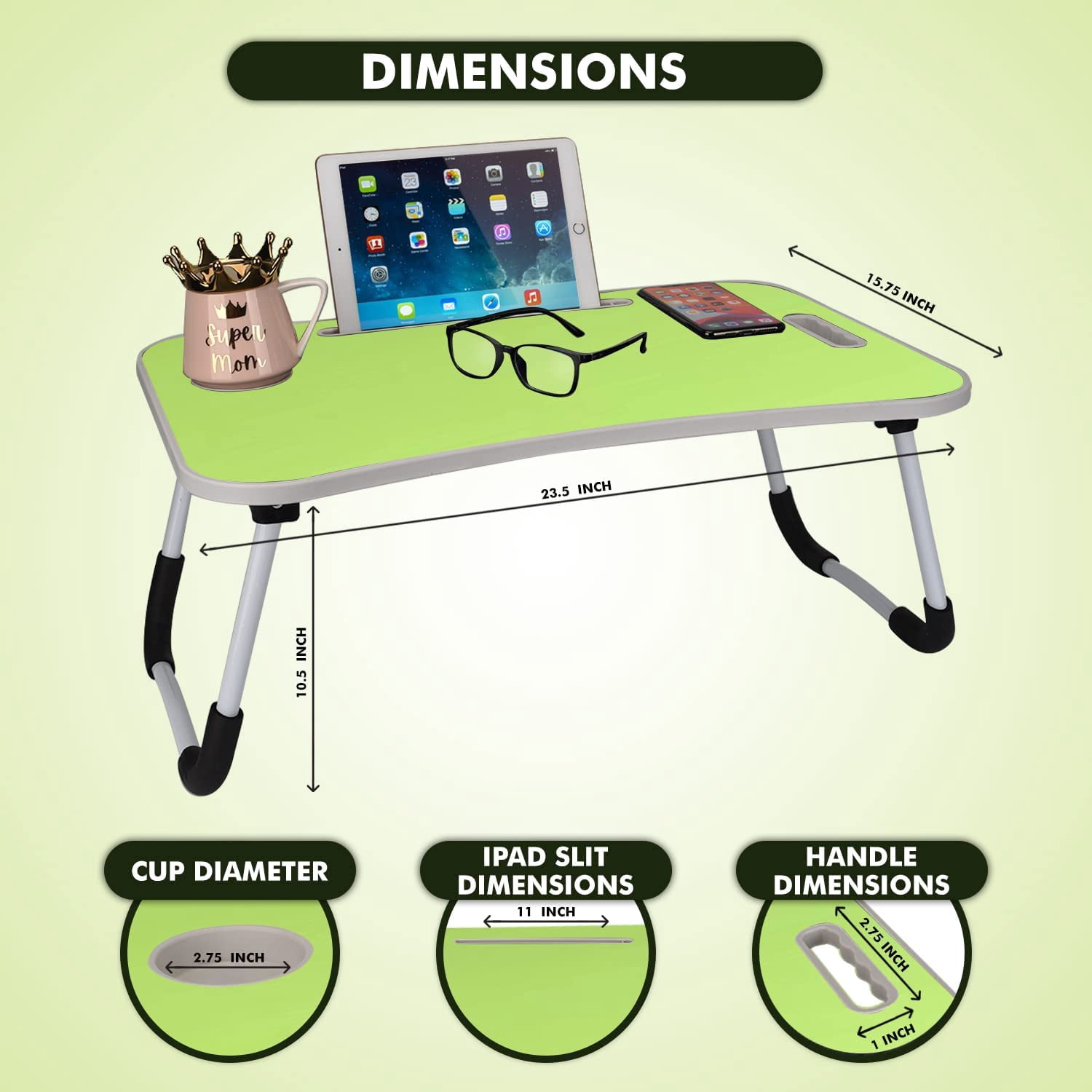 Folding Lap Desk for Bed and Sofa - Portable Wide Surface Bed Desk with Built-in Cup Holder and Tablet or Phone Slot for Working, Studying, Eating, and Watching Movies (Green)