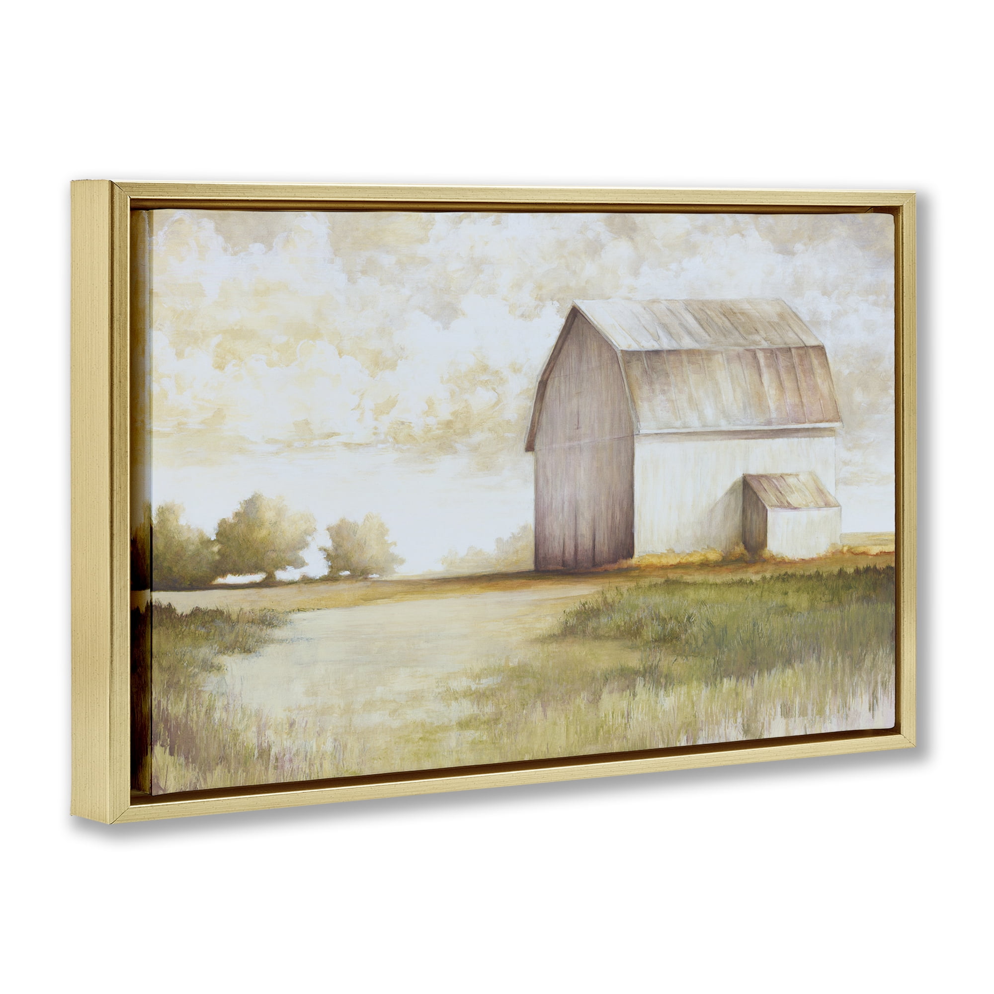Stupell Industries Neutral Distant Barn Landscape Painting Gold Floater Framed Canvas Art Print Wall Art, 31 x 21