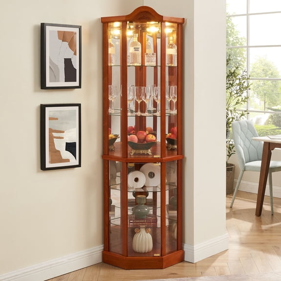 DEALTOPS Vintage Corner Display Cabinet, Lighted Glass Curio Cabinet with Adjustable Shelves, Red Oak