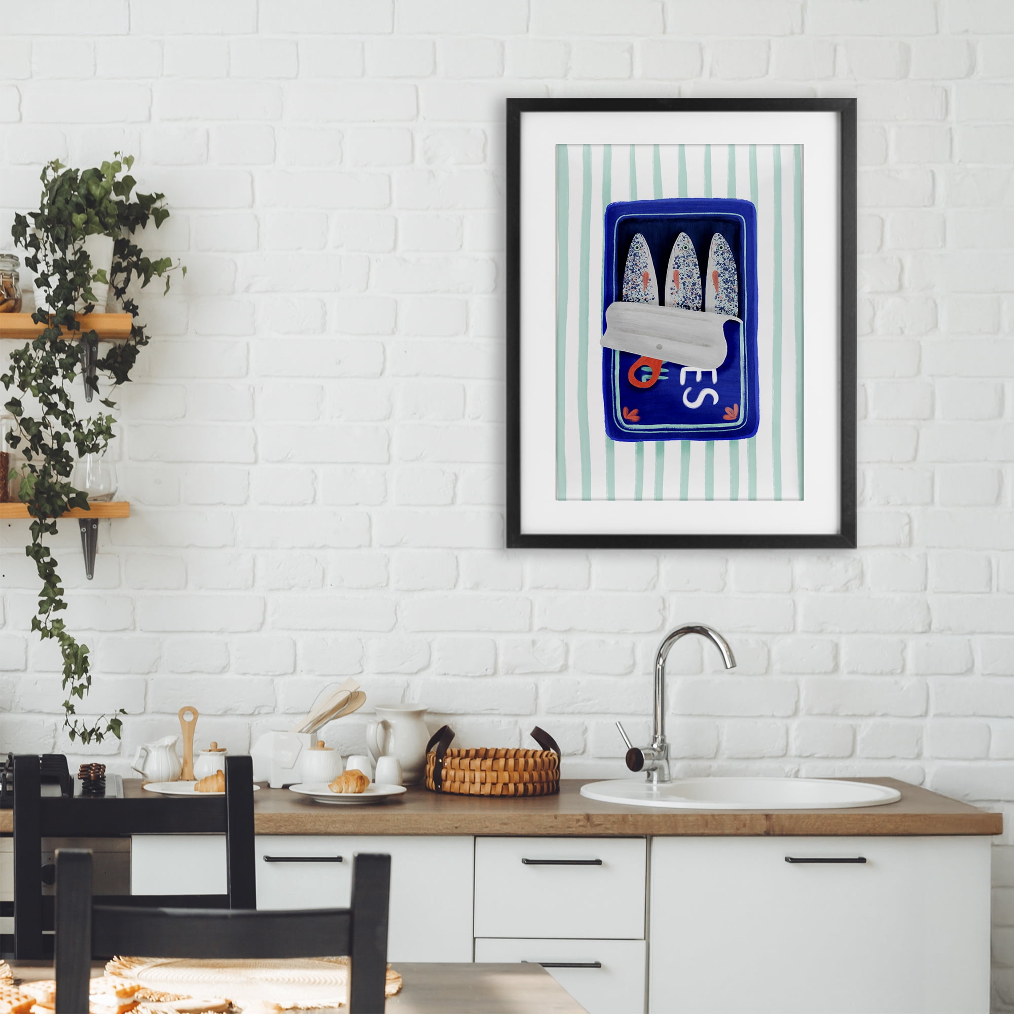Stupell Industries Blue Sardines on Stripes Black Framed Print Under Glass, design by Metka Hiti