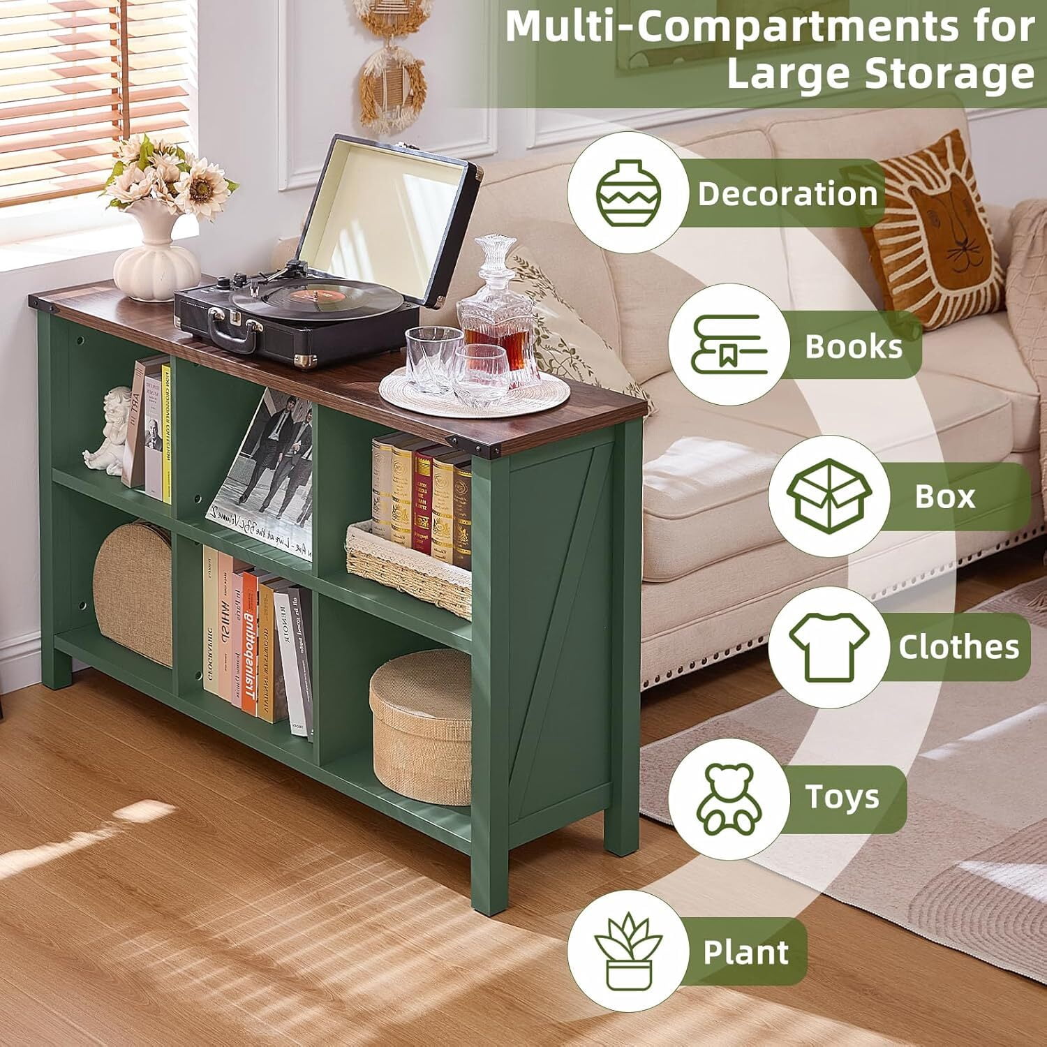 Joaxswe 6 Cube Storage Organizer, Farmhouse Green 47.2'' Wide 2 Tier Display Book Shelf, Wooden Cube Bookcase for Living Room, Bedroom, Office