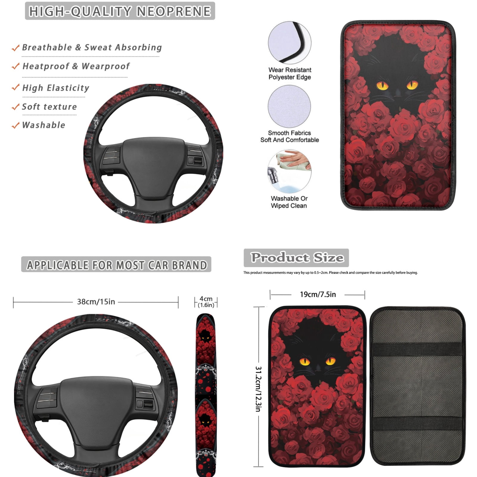 Jeiento Black Cat Car Seat Cover Full Set with Auto Floor Mats Steering Wheel Protector Non Slip Car Seatbelt Pads Armrest Cover Rose Coasters Lipstick Holder Keychain 17pcs Car Accessories Set